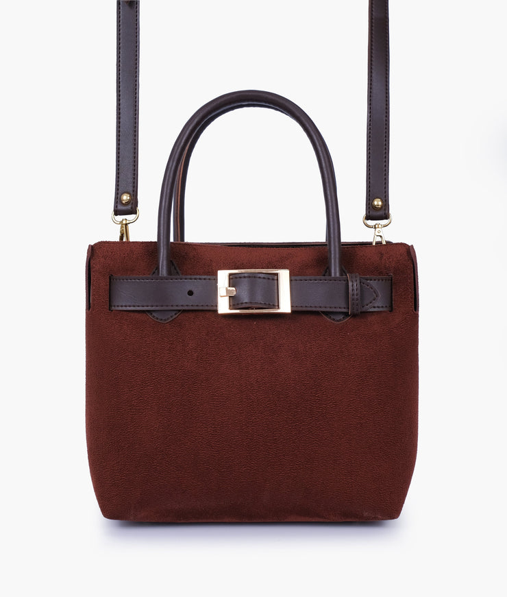 Hugetrendy Dark brown suede handbag with front buckle